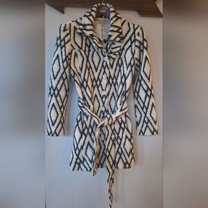 Tucker Diamond Black/Ivory Button Jacket Belted Silk Lined Womens Size S